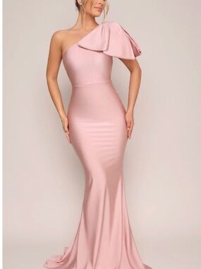 Blush Pink One-Shoulder Mermaid Dress with Draped Sleeve